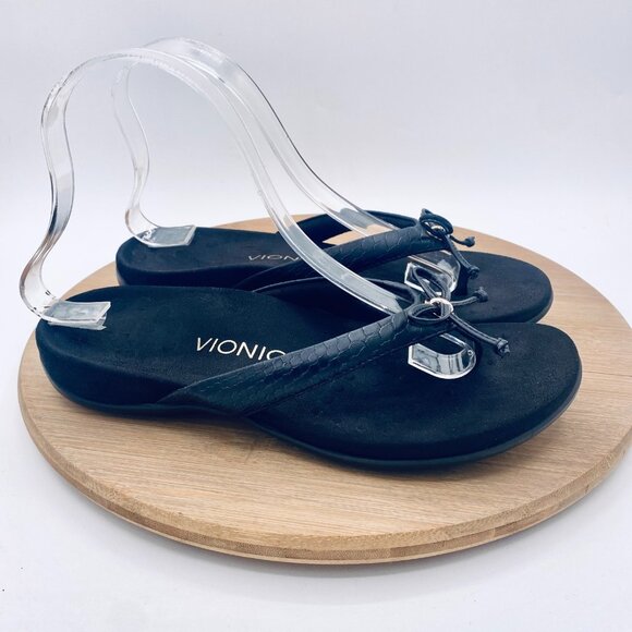 Vionic Cassie Sandals Womens 7 Black Leather Orthotic Flip Flop Bow - Picture 7 of 11